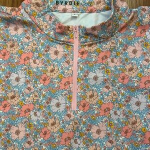 BYRDIE Golf Floral Ruffle Sleeve Zip Front Shirt Coral Blue Size Large